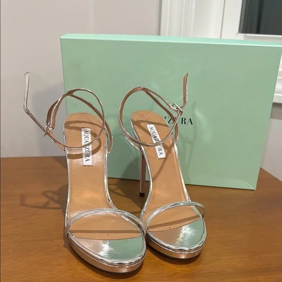 Aquazzura Olie Plateau 115 Silver Stiletto Strappy Heels - Picture 3 of 4